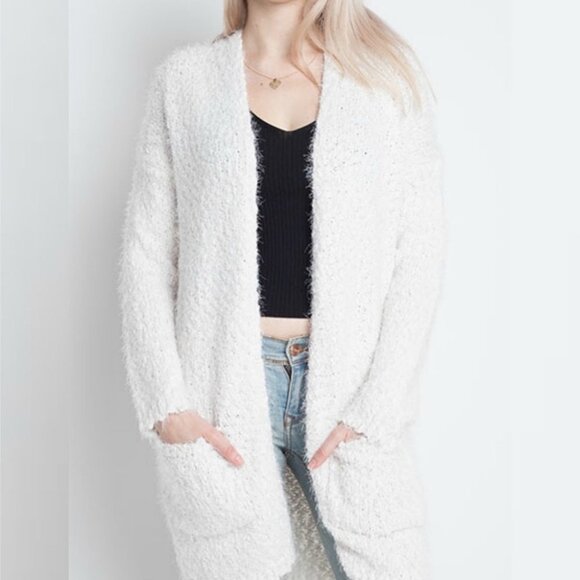 Dreamers‎ Taupe Fuzzy Open Front Cardigan Size Small Medium Tan Beige Minimalist - Picture 10 of 10